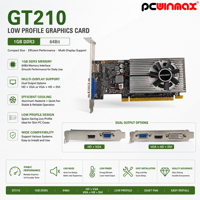 PCWINMAX GT 210 1GB 64비트 GDDR3 로우 프로 싱글 팬 HD VGA 데스크톱 비디오 카드 PCI 익스프레스 2.0x16 GPU