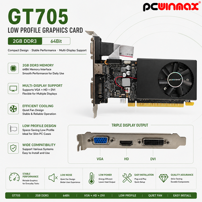 PCWINMAX GT 705 2GB 64Bit GDDR3 낮은 프로필 단일 팬 VGA DVI HD 포트 GPU 그래픽 카드 데스크톱