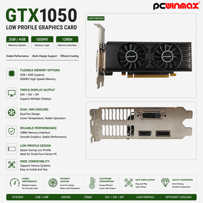 PCWINMAX GTX 1050 데스크톱 그래픽 카드 2GB 128비트 GDDR5 저 프로필 듀얼 팬