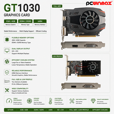 PCWINMAX GT 1030 2GB GDDR5 ATX 그래픽 카드 64비트 싱글 팬 HD DVI 데스크톱 비디오 카드