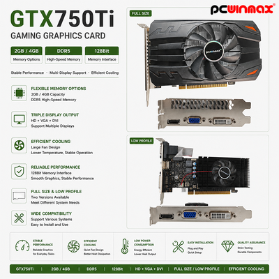 PCWINMAX Geforce GTX 750TI 4GB VGA DVI HD 싱글 팬 게임 데스크톱 그래픽 카드