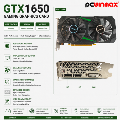 PCWINMAX GeForce GTX 1650 4GB GDRR6 128비트 HD DP DVI 출력 지원 DirectX 12 VR 준비 OC 그래픽 카드