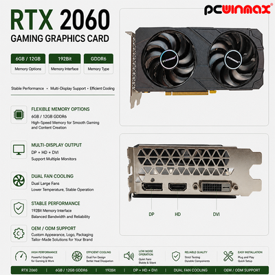 PCWINMAX 지포스 RTX 2060 6GB GDDR6 192Bit 1680MHz HD/DP/DVI와 함께 듀얼 팬 게임 그래픽 카드 데스크톱 컴퓨터 빌드