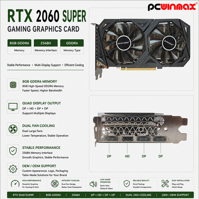 PCWINMAX 그래픽 카드 RTX 2060 슈퍼 8GB GDDR6 256비트 HD+3DP 레이 트레이싱을 갖춘 듀얼 팬 GPU 게임 PC OEM 도매