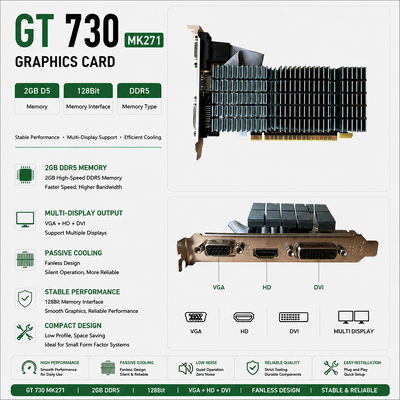 PCWINMAX 그래픽 카드 GT 730 2GB GDDR5 64Bit I/O 브래킷이 있는 로우 프로파일 패시브 냉각 GPU Silent HTPC 및 Office PC용 OEM/ODM